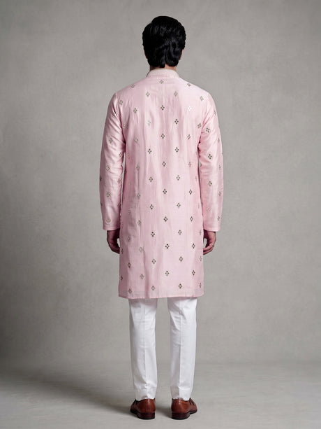 Light pink chanderi silk mens kurta suit with mirror sequin detailing