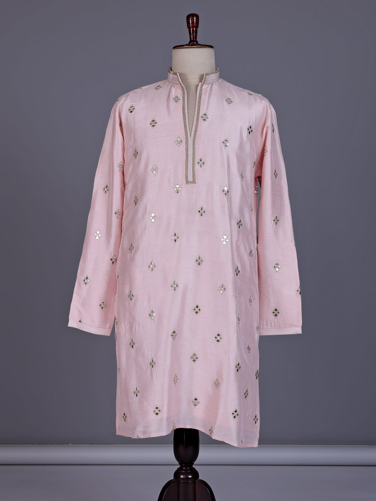 Light pink chanderi silk mens kurta suit with mirror sequin detailing