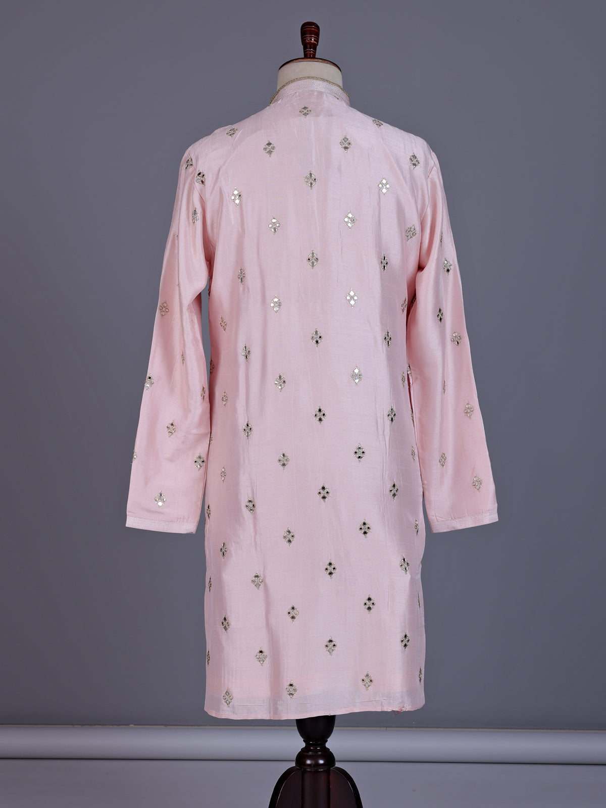 Light pink chanderi silk mens kurta suit with mirror sequin detailing