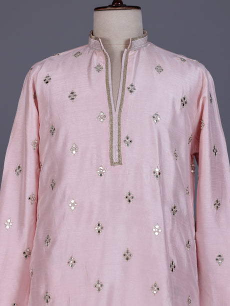 Light pink chanderi silk mens kurta suit with mirror sequin detailing