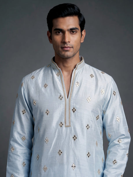 Mint blue chanderi silk mens kurta suit with diamond mirrorwork butis