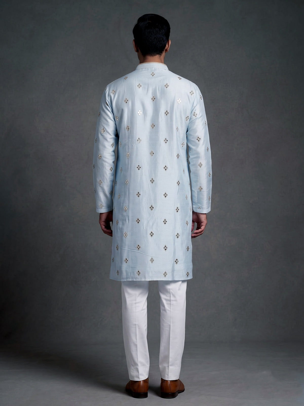 Mint blue chanderi silk mens kurta suit with diamond mirrorwork butis
