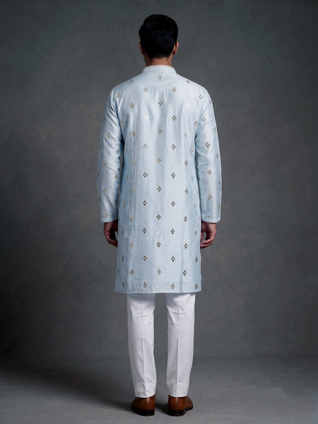 Mint blue chanderi silk mens kurta suit with diamond mirrorwork butis