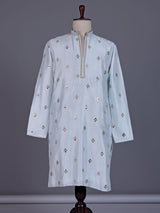 Mint blue chanderi silk mens kurta suit with diamond mirrorwork butis