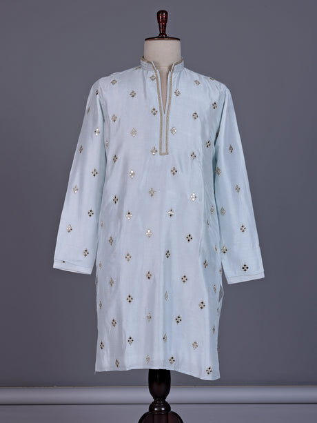 Mint blue chanderi silk mens kurta suit with diamond mirrorwork butis