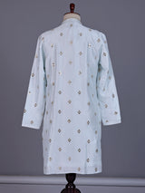 Mint blue chanderi silk mens kurta suit with diamond mirrorwork butis