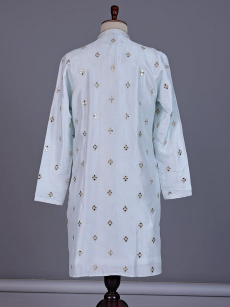 Mint blue chanderi silk mens kurta suit with diamond mirrorwork butis