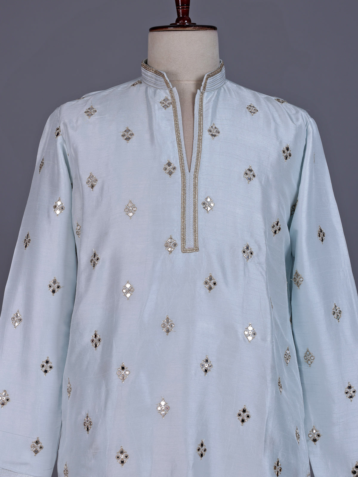Mint blue chanderi silk mens kurta suit with diamond mirrorwork butis
