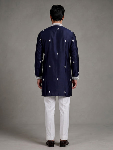 Dark navy Poly-Viscose mens kurta suit with white chikankari work