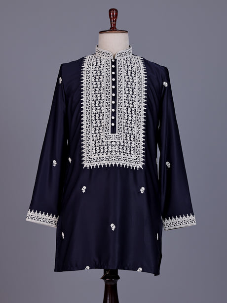 Dark navy Poly-Viscose mens kurta suit with white chikankari work