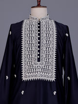 Dark navy Poly-Viscose mens kurta suit with white chikankari work