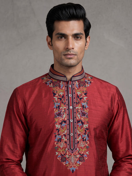 Maroon silk mens kurta suit with persian floral threadwork
