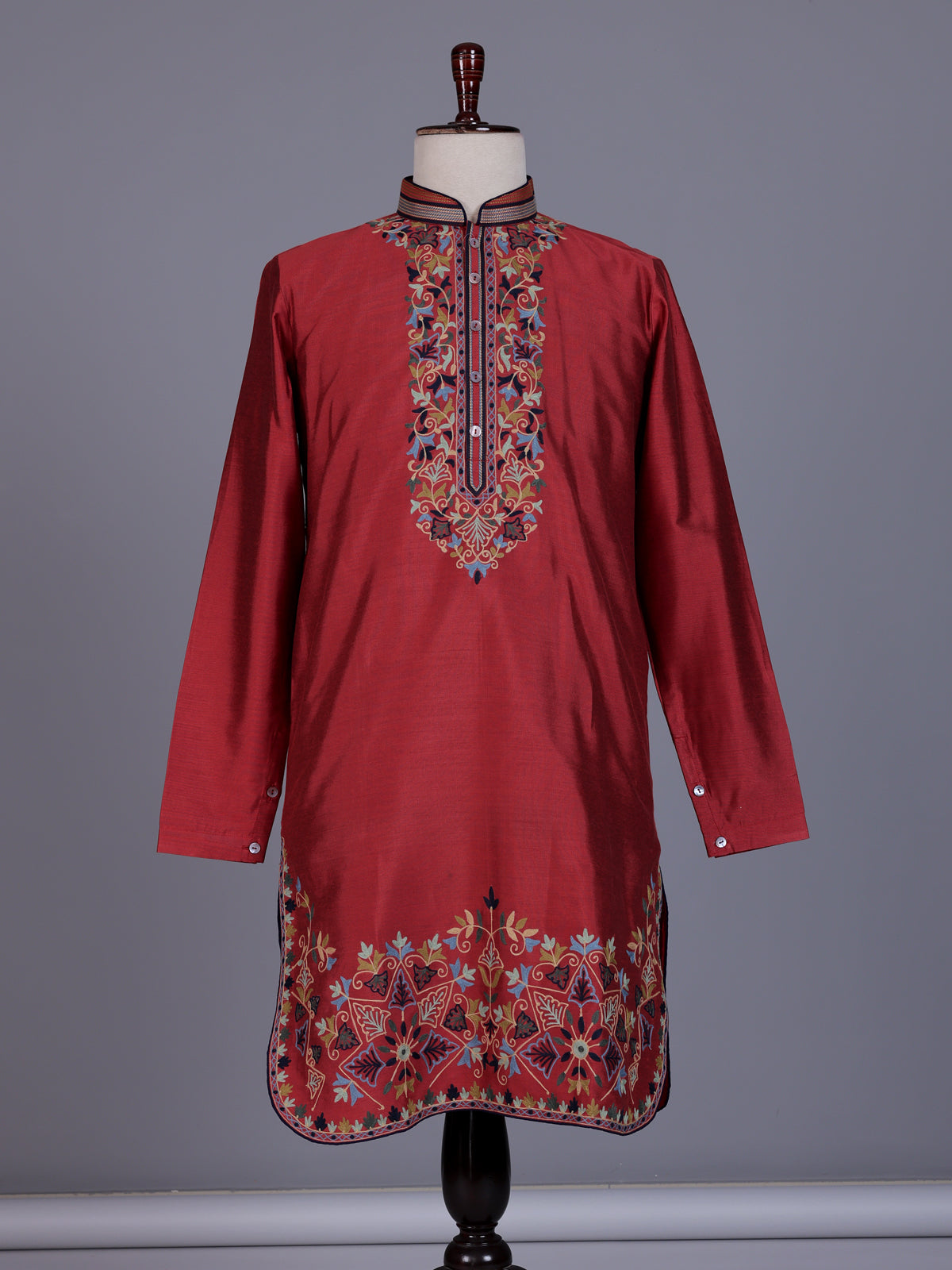 Maroon silk mens kurta suit with persian floral threadwork