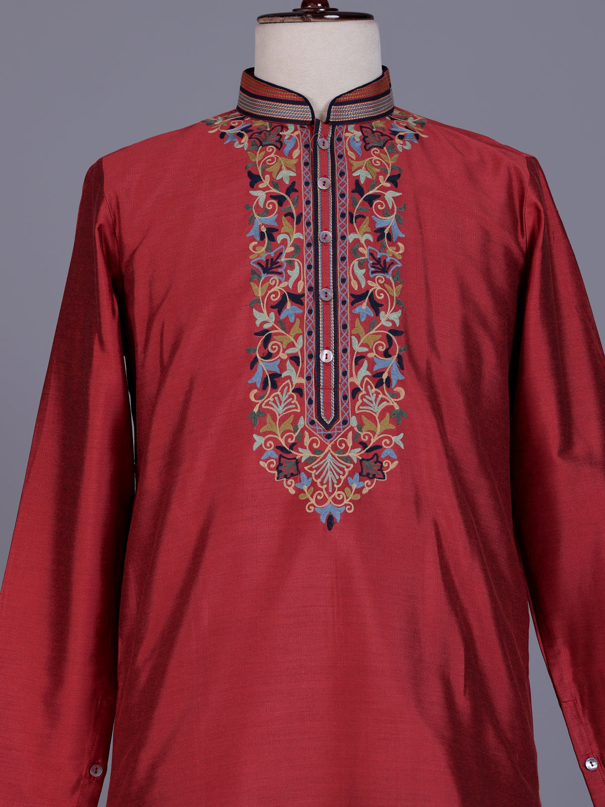 Maroon silk mens kurta suit with persian floral threadwork