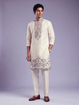 Cream Art Silk mens kurta suit with kashmiri floral borderwork