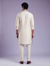 Cream Art Silk mens kurta suit with kashmiri floral borderwork
