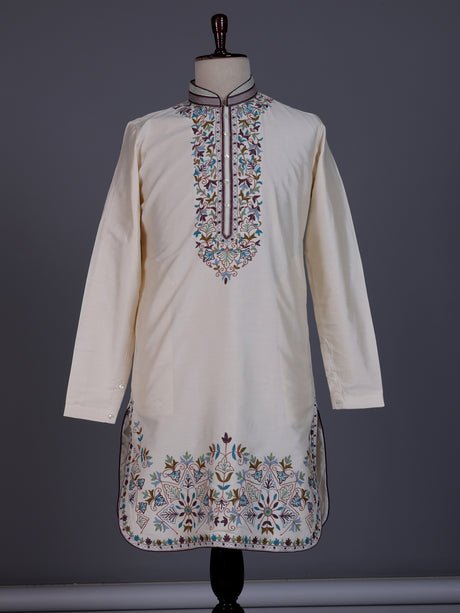 Cream Art Silk mens kurta suit with kashmiri floral borderwork