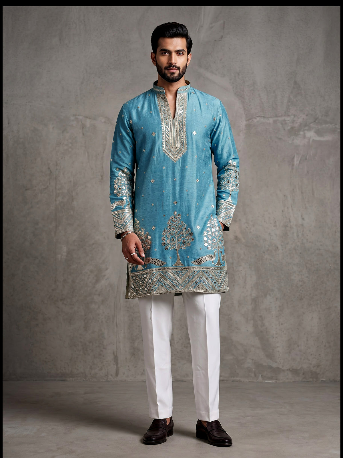 Aqua tusser silk mens kurta suit with embroidered V-notch yoke