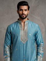 Aqua tusser silk mens kurta suit with embroidered V-notch yoke