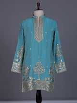 Aqua tusser silk mens kurta suit with embroidered V-notch yoke