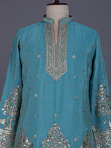 Aqua tusser silk mens kurta suit with embroidered V-notch yoke