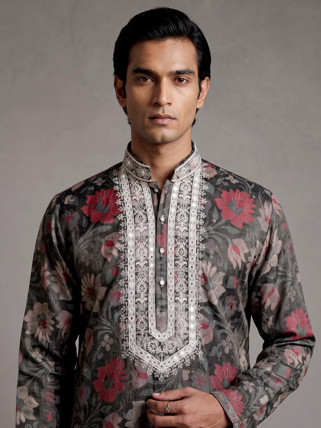 Charcoal black chanderi silk mens kurta suit with botanical tapestry embroidery