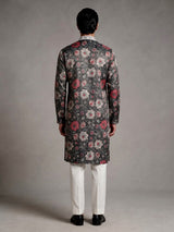 Charcoal black chanderi silk mens kurta suit with botanical tapestry embroidery
