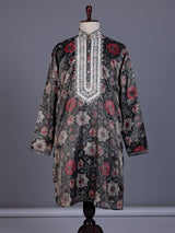 Charcoal black chanderi silk mens kurta suit with botanical tapestry embroidery