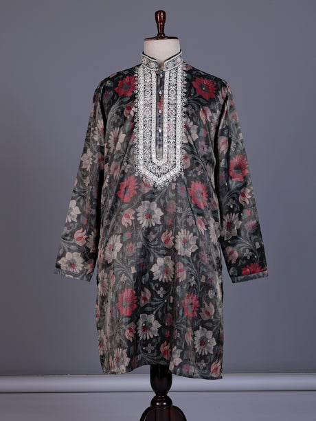Charcoal black chanderi silk mens kurta suit with botanical tapestry embroidery