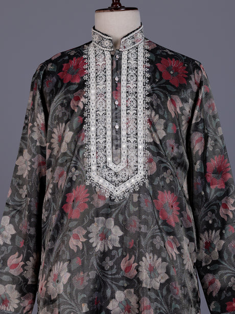 Charcoal black chanderi silk mens kurta suit with botanical tapestry embroidery