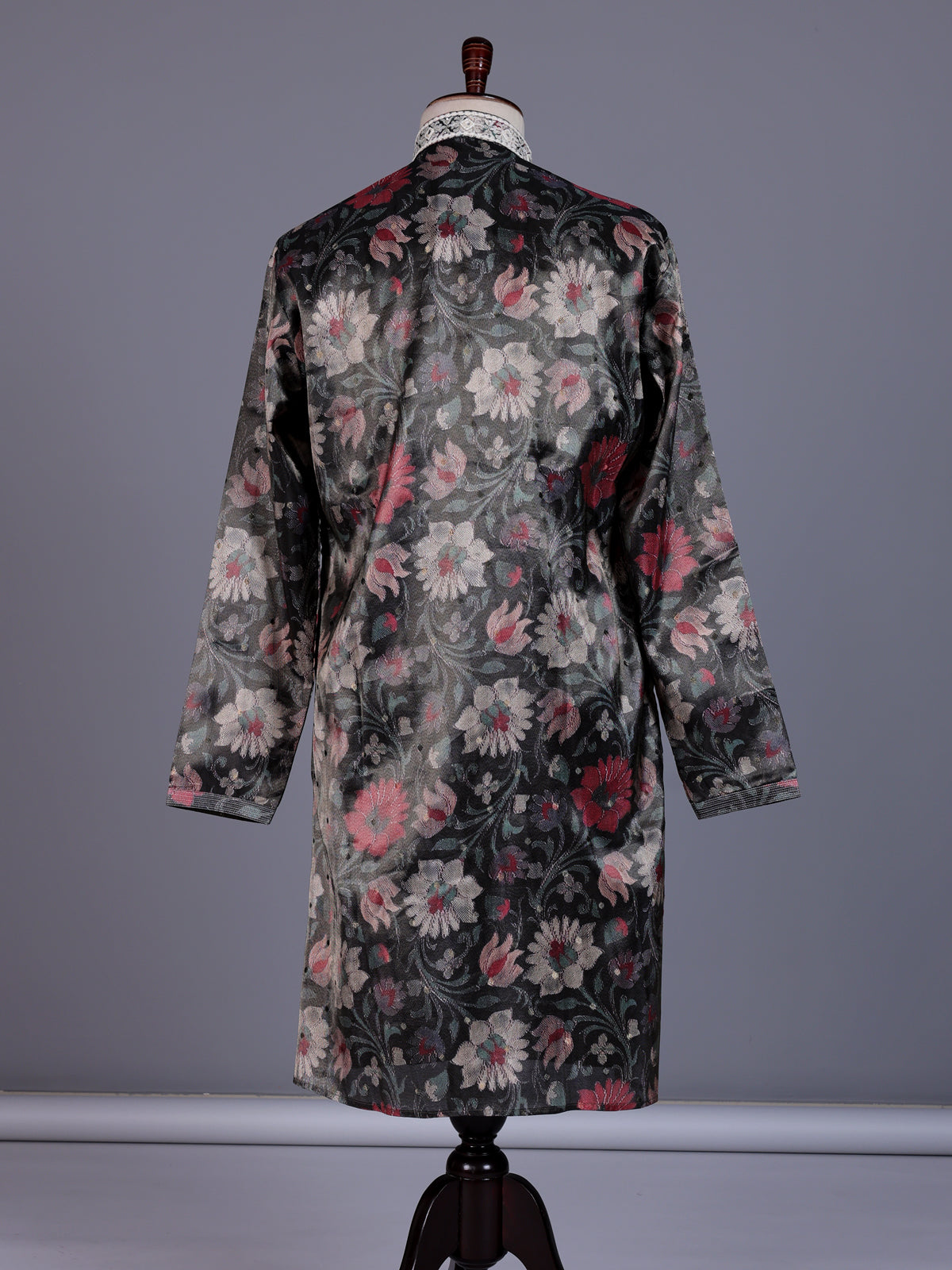 Charcoal black chanderi silk mens kurta suit with botanical tapestry embroidery