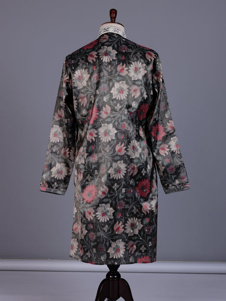 Charcoal black chanderi silk mens kurta suit with botanical tapestry embroidery