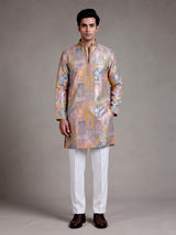 Multi color brocade silk mens kurta with architectural zari detailing