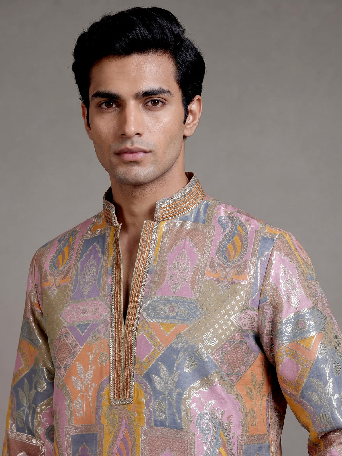 Multi color brocade silk mens kurta with architectural zari detailing