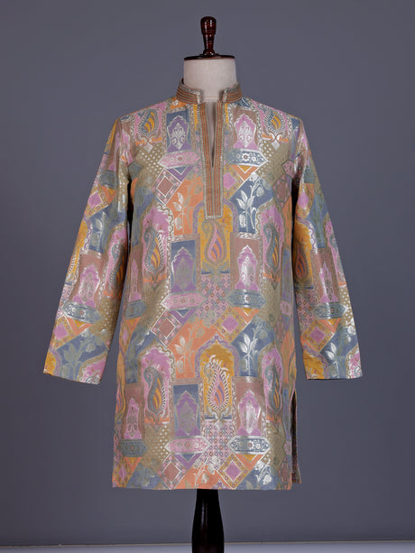 Multi color brocade silk mens kurta with architectural zari detailing