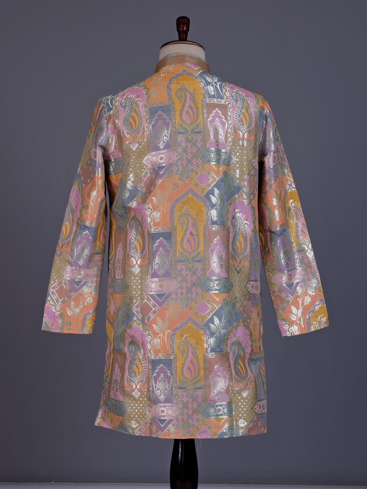 Multi color brocade silk mens kurta with architectural zari detailing