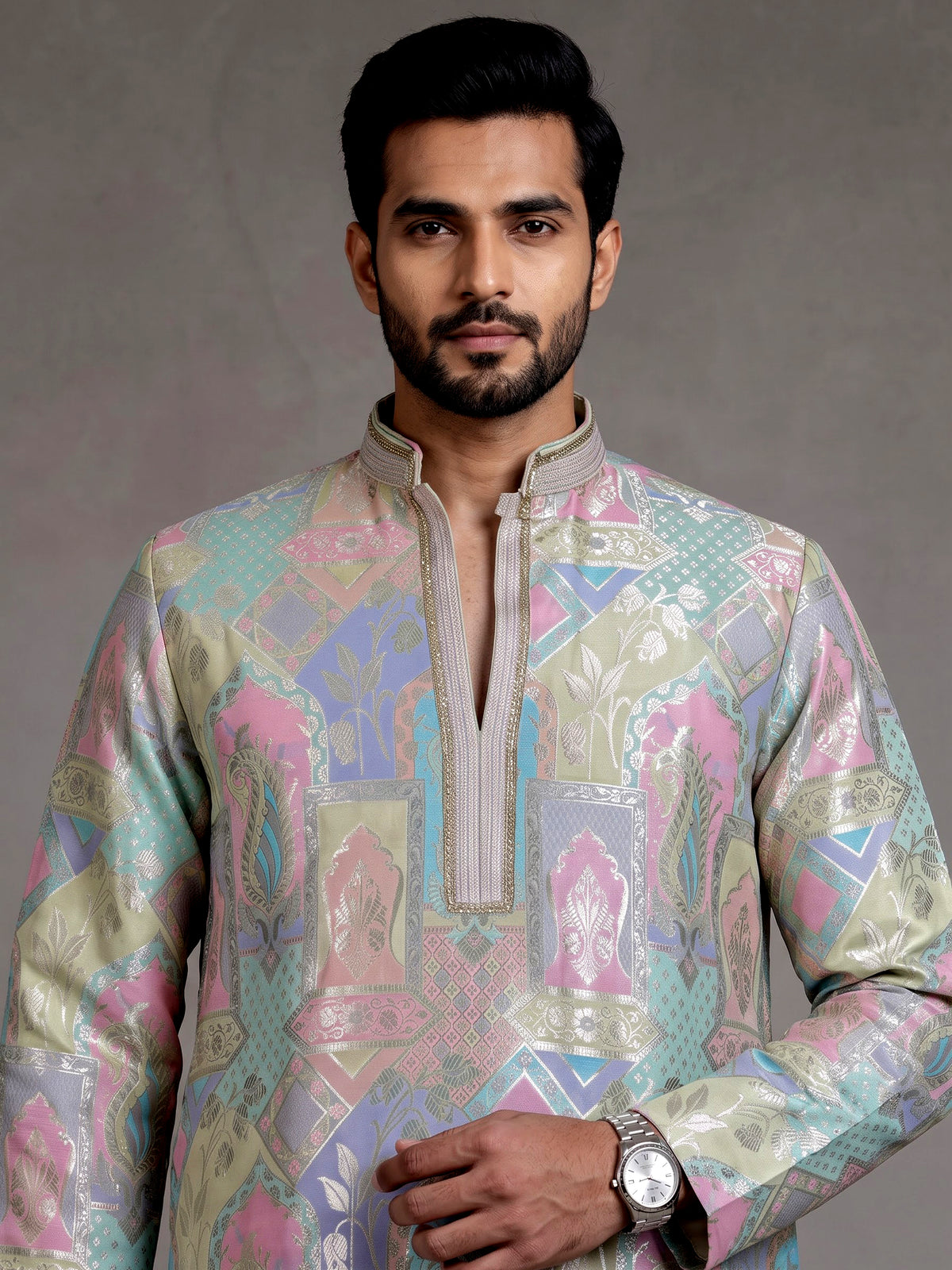 Multi color Banarasi Brocade mens kurta with paisley zari motifs