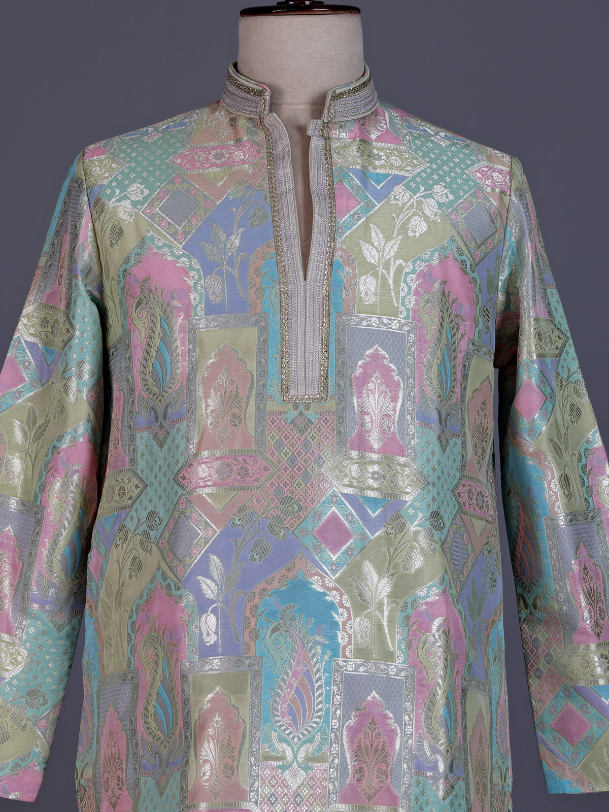 Multi color Banarasi Brocade mens kurta with paisley zari motifs