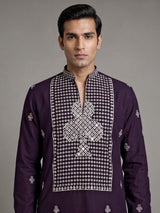 Dark wine georgette mens kurta suit with embellished dupatta