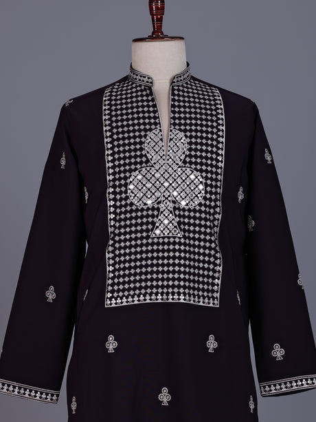 Dark wine georgette mens kurta suit with embellished dupatta