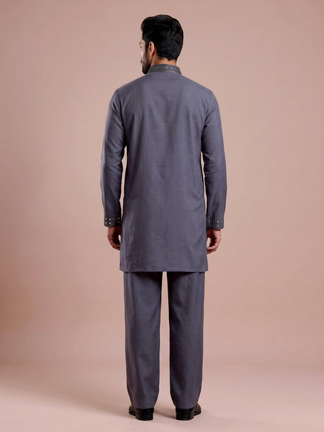 Stone grey cotton silk mens kurta with oxidized embellishments