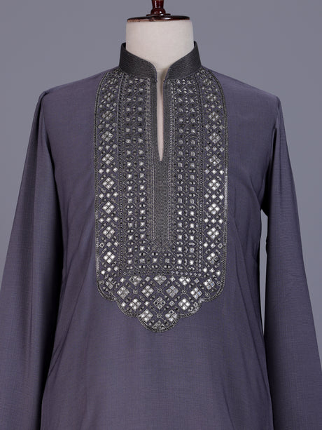 Stone grey cotton silk mens kurta with oxidized embellishments