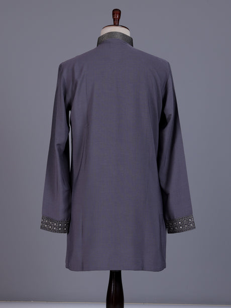 Stone grey cotton silk mens kurta with oxidized embellishments