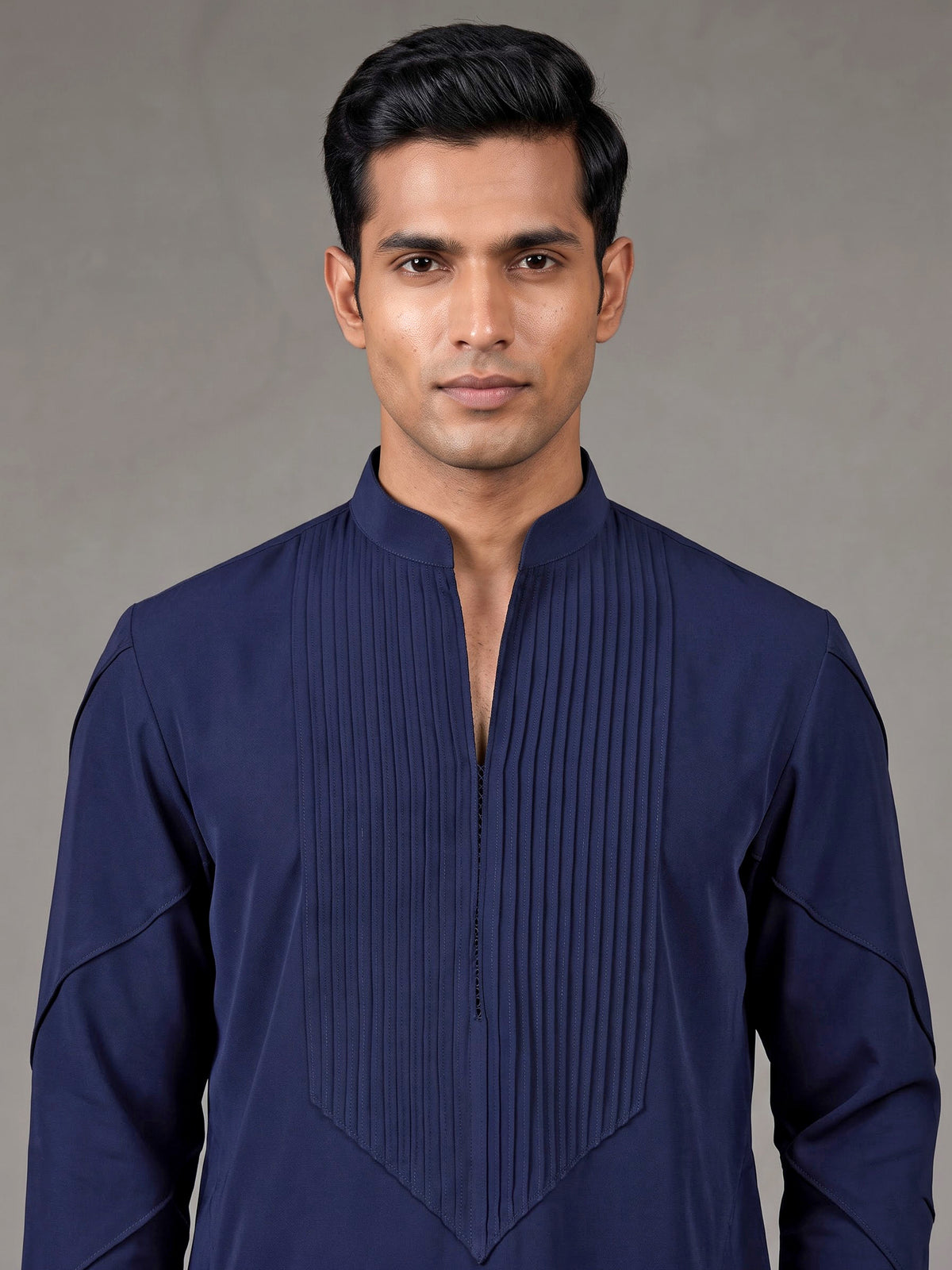 Navy Poly-Viscose mens short kurta with pintuck yoke