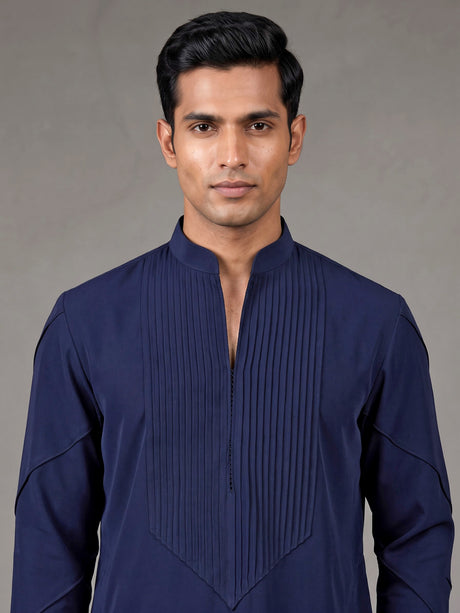 Navy Poly-Viscose mens short kurta with pintuck yoke
