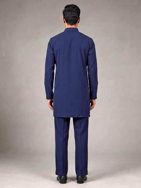 Navy Poly-Viscose mens short kurta with pintuck yoke