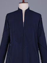Navy Poly-Viscose mens short kurta with pintuck yoke