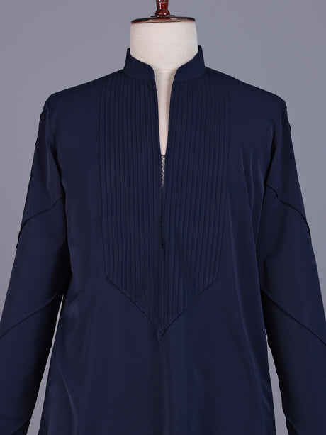 Navy Poly-Viscose mens short kurta with pintuck yoke