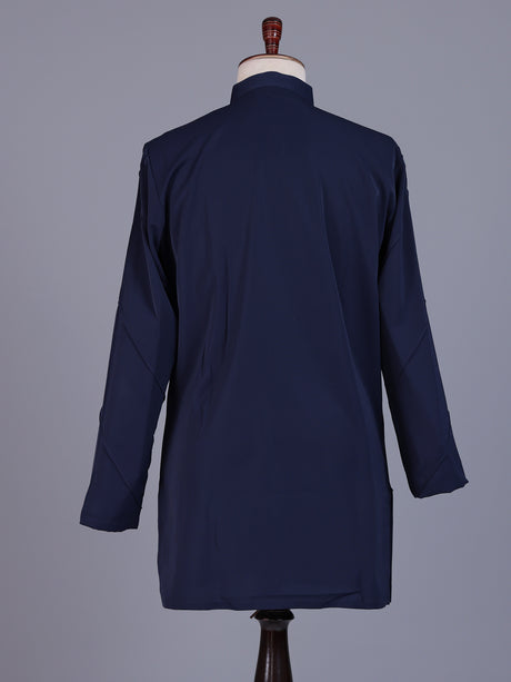 Navy Poly-Viscose mens short kurta with pintuck yoke