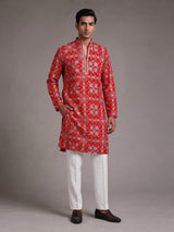 Red chanderi silk mens kurta with geometric floral sequin embroidery